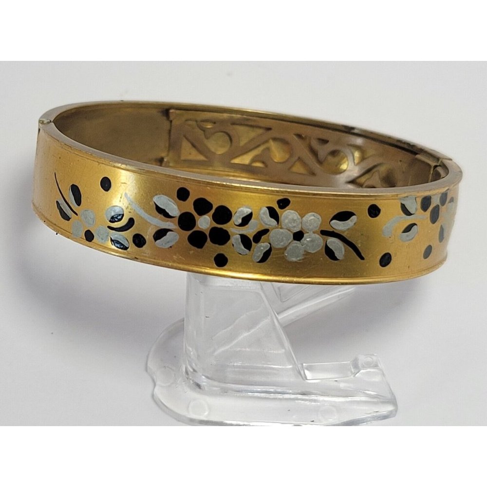 Early Ant Brass Painted Floral Bangle Signed C.T Art Nouveau (A40)